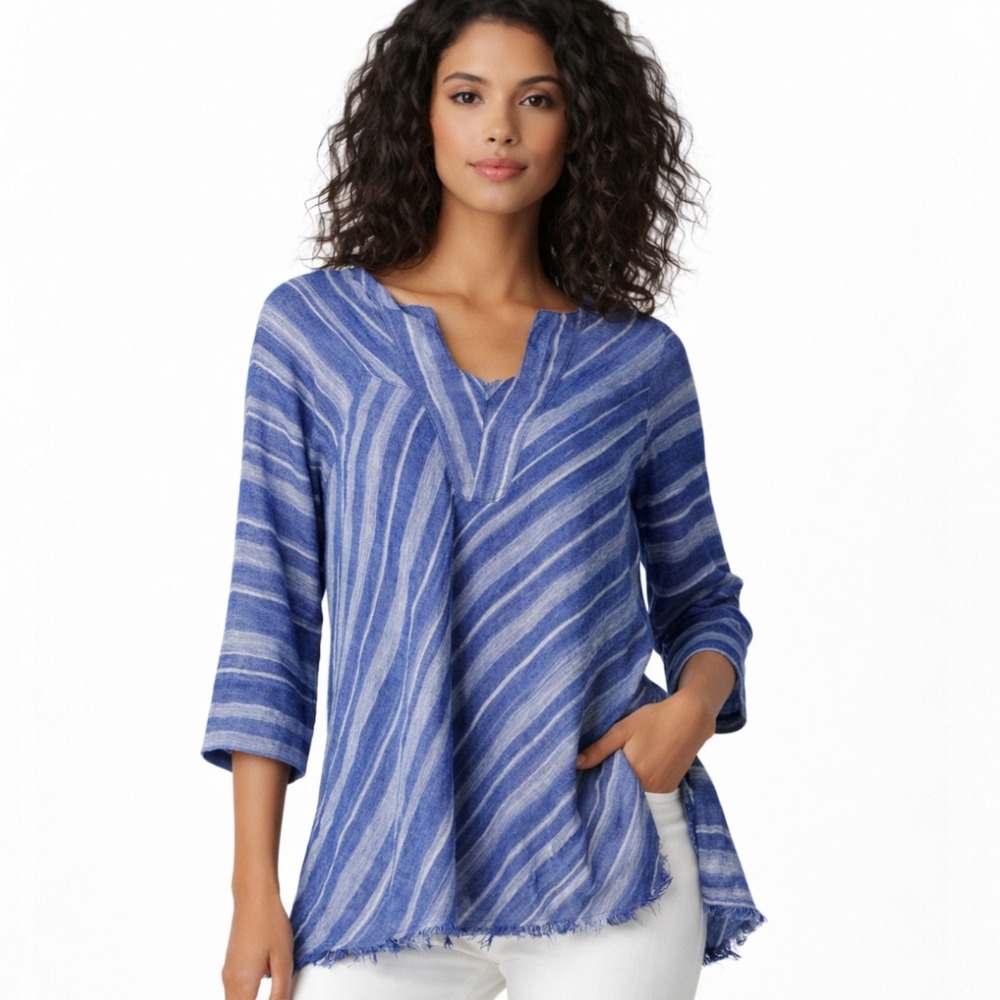 Nic+Zoe Women Linen Blend Tunic Top Blue Stripe Frayed Hem S Boho Coastal Resort